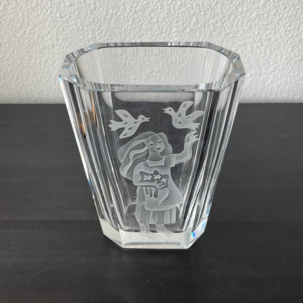 Hadeland Norway Crystal Glass Etched Vase // Girl With Birds // 6" Tall Signed
